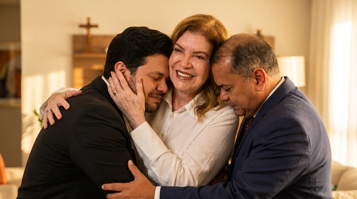 Francisca abraçando os filhos