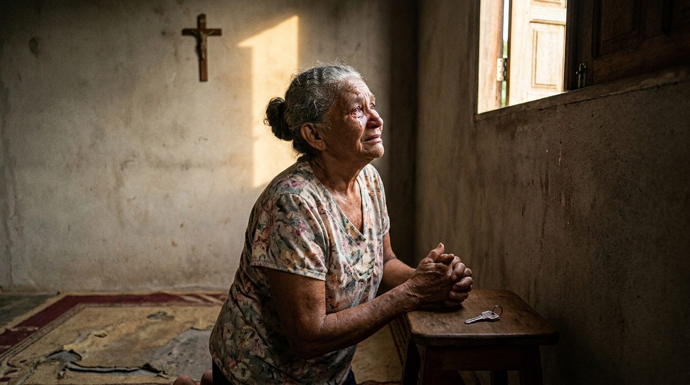 Idosa em oração na casa nova