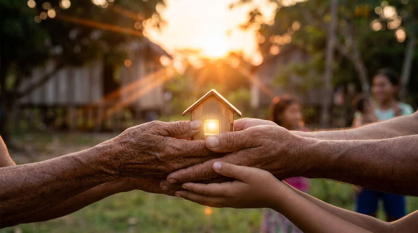 Mãos elevando a casa ao céu